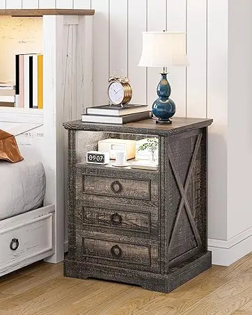 Nightstand Set 2 with Charging Station, Farmhouse End Side Table with 3 Drawers and Open Storage, Smart Bedside Table with LED L