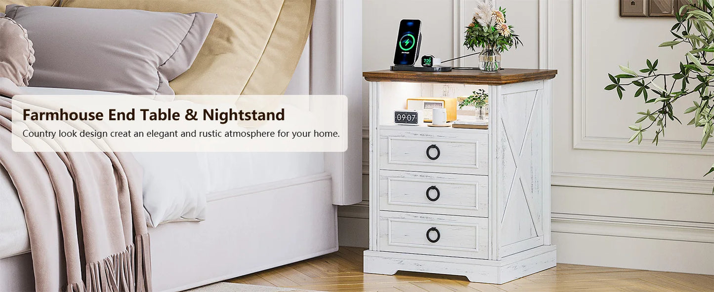 Nightstand Set 2 with Charging Station, Farmhouse End Side Table with 3 Drawers and Open Storage, Smart Bedside Table with LED L