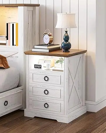 Nightstand Set 2 with Charging Station, Farmhouse End Side Table with 3 Drawers and Open Storage, Smart Bedside Table with LED L